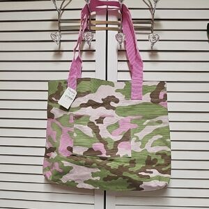 NWT Neiman Marcus Pink and Green Camouflage Canvas Tote With Front Pocket